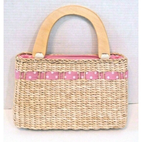 Raffia Straw Purse Vintage Pink Polka Dot Gingham Bow Handbag Wooden Handles - Picture 4 of 6